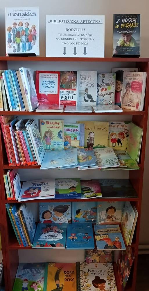 Regał biblioteczny z książkami rozwiązującymi różne problemy u dzieci.